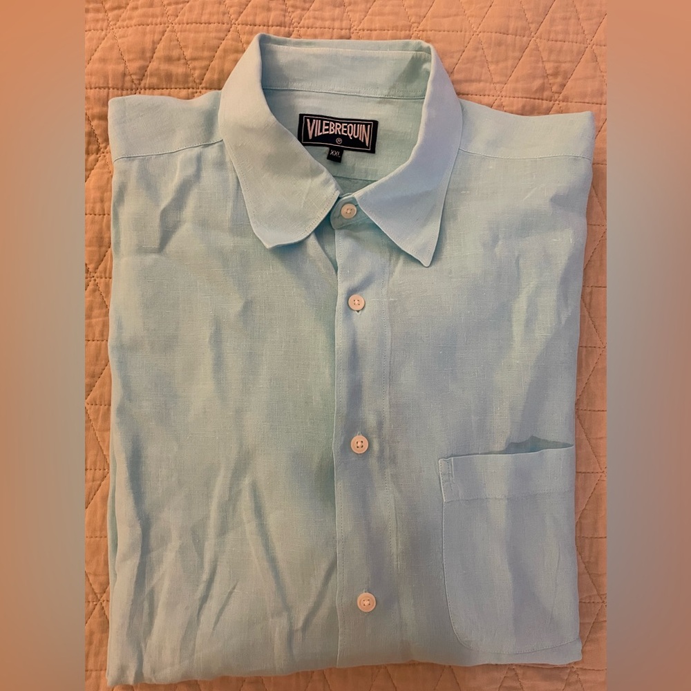 VILEBREQUIN Solid Print Linen Button Up Sport Shirt in Aqua Blue Size XXL